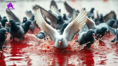 275 pigeons dive into a pond filled with red glue